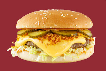 hamburger like in McDonald's with a beef cutlet on a red background, studio shooting 2