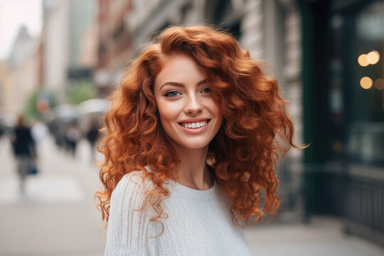 Portrait of beautiful young red haired curly woman wearing white sweater smiling in the street in sunny day