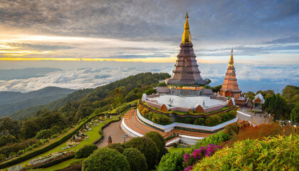 Landscape of two pagoda (noppha methanidon-noppha phon phum siri stupa) in an Inthanon mountain, chiang mai, Thailand - obrazy, fototapety, plakaty