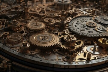 Fototapeta na wymiar Panoramic view of finely crafted clockwork gears. Generative AI