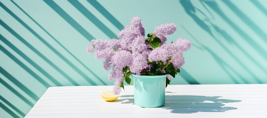 Elegant spring still life with lilacs in a pastel-hued interior. Minimalistic decor featuring a vase of delicate blossoms against a wall with sun and shadow