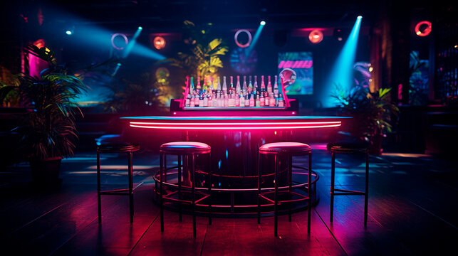 mesa y sillas vac&iacute;as en un club nocturno iluminado con luces ne&oacute;n, con botellas en el fondo 