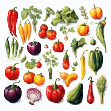 set of detailed watercolor painting fruit vegetable clipart botanical realistic illustration