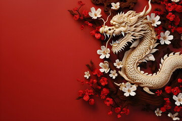 Vibrant Chinese New Year celebration card with a symbolic wooden dragon, vivid red floral decor, and space for text.