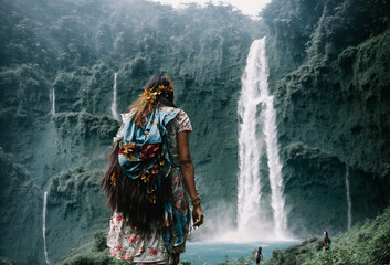 Woman walking to Nung Nung waterfal on Bali, Indonesia, back view