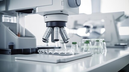 Biological laboratory equipment, microscope, close-up test tubes. Background of a biological or chemical laboratory