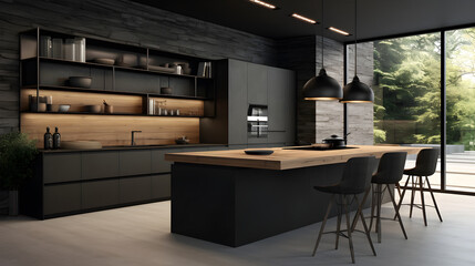Modern and elegant kitchen, with black cupboards and wooden tabletop