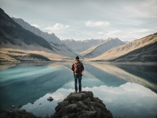 Traveler looking at lake and mountains