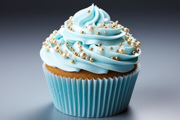 delicious Christmas cupcake with blue cream and new year sprinkles, isolated on light background - Powered by Adobe