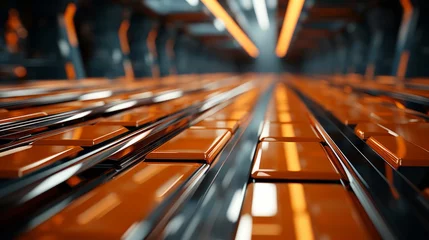 Fotobehang Metallic texture, bright neon orange, futuristic, metal alloy, dim lighting, sharp focus. Digital motion background. Abstract Composite Materials © Yuliia