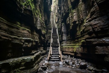 stairs descending in a deep gorge. Generative AI