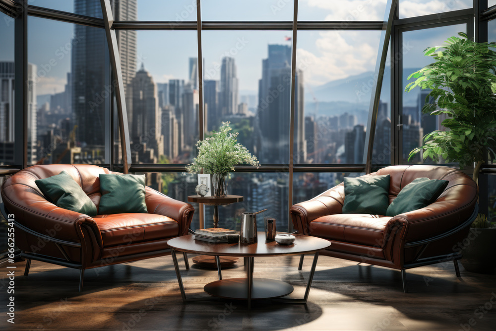 Poster a mediator's office with comfortable seating, designed to foster open dialogue. generative ai.