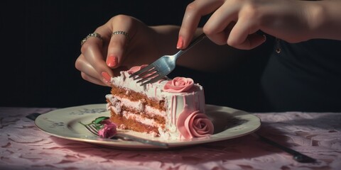 Womans Hand Grasps a Fork, Ready to Savor a Delicious Cake, Indulging in the Culinary Pleasure of a Delectable Pastry Delight
