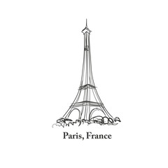 Fototapeta na wymiar Paris line art icon over white background. Paris sketch doodle drawn sign with park stree trees and Eiffel tower landmark. Travel France icon