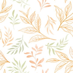 Floral seamless pattern. Branch with leaves gentle autumnal texture. Flourish nature fall garden textured leaves background