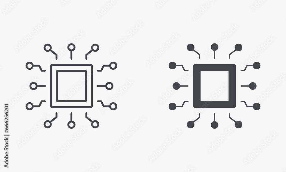 Poster cpu silhouette and line icon set. central processing unit, electronic circuit symbol collection. mic
