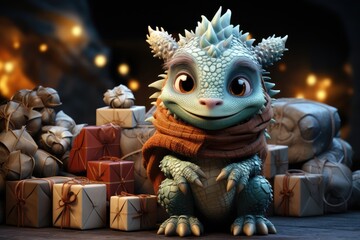 Fantasy cute dragon with Christmas gifts near Christmas tree, great design postcard on holiday background. New Year 2024 art illustration. Cartoon dragon