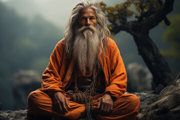 A wise guru meditating in a serene mountain retreat. Concept of enlightenment and inner peace. Generative Ai. - obrazy, fototapety, plakaty