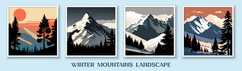 Realistic mountains landscape. Vector flat mountains landscape. Winter beautiful blue mountains landscape with a forest