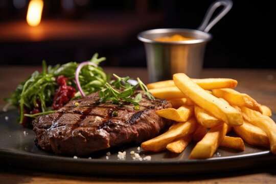Steak with French fries and salad, restaurant kitchen