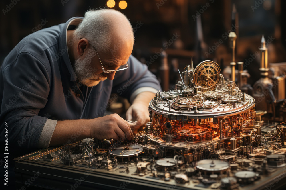 Poster a precise watchmaker assembling intricate timepieces with precision tools. concept of precision and 