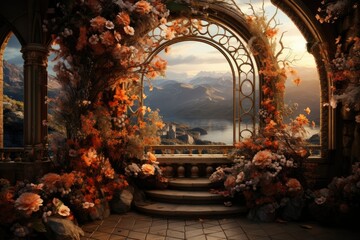 Wedding arch in the mountains at sunset, in the style of dark yellow and light aquamarine, photorealistic fantasies, romantic riverscapes, fairycore, shaped canvas, atmospheric installations