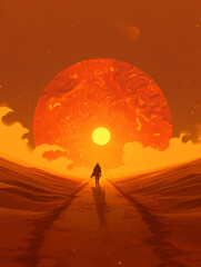 A man walks under the big sun background wallpaper poster PPT