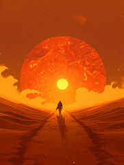 Fototapeta premium A man walks under the big sun background wallpaper poster PPT