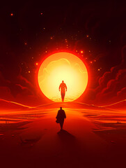 A man walks under the big sun background wallpaper poster PPT