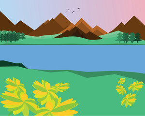 nature, river, flowers, mountains, trees