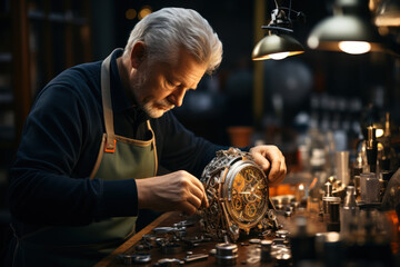 A diligent watchmaker assembling intricate timepieces with meticulous care. Concept of precision and fine craftsmanship. Generative Ai. - Powered by Adobe