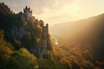 Castle on cliffs overlooking a mountain gorge with forest trees below, god rays in the distance. Generative AI - obrazy, fototapety, plakaty