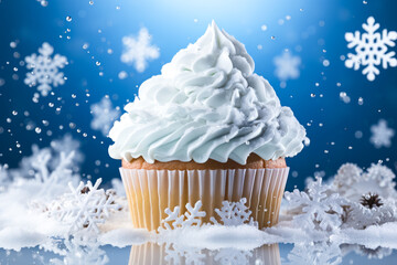 delicious Christmas cupcake with cream surrounded Christmas snow and snowflakes