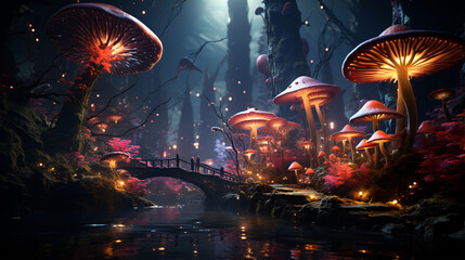 Fantasy wonderland landscape mushrooms moon. Dreamy fantasy mushrooms magical forest. Generative Ai