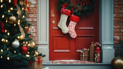 Obraz premium Christmas socks are hanging by the front door