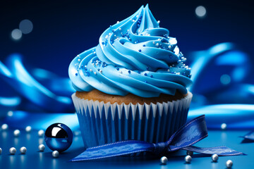 delicious Christmas cupcake with blue cream and new year decorated surrounded Christmas baubles - obrazy, fototapety, plakaty