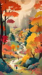 autumn landscape fairytale character cartoon illustration fantasy cute drawing book art graphic