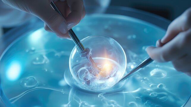 close-up artificial insemination of a human egg. Digital illustration. Artistic mapping on IVF procedure