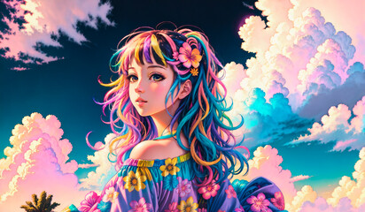 Obraz na płótnie Canvas beautiful girl with colorful hair in the sky