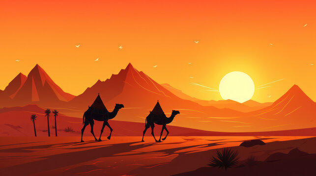 Camel caravan in the desert against the backdrop of the setting sun. Silhouettes