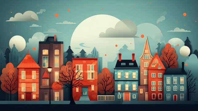 Fantasy cityscape in autumn with minimalist beautiful houses. Against the sky. Flat illustration.