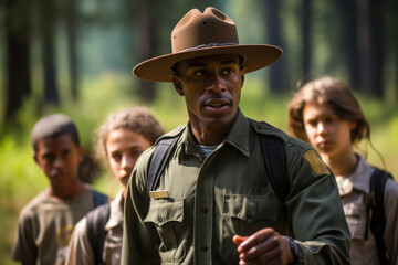 Fototapeta premium A dedicated park ranger guiding a group through a pristine wilderness, sharing knowledge of nature. Concept of environmental education and stewardship. Generative Ai.