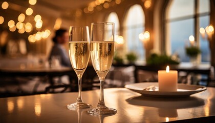 Coupes de champagne pour une occasion festive - Décor élégant et luxueux - Célébration d'un événement - Style de vie chic - Festivité à partager - Couleurs chaleureuses et dorées - Ambiance conviviale