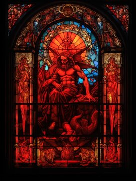 devil satan evil stained glass window mosaic religious collage artwork retro vintage religion