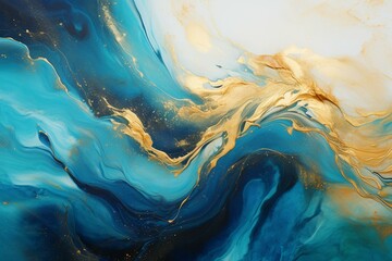 Mesmerizing paint swirls in teal and blue adorned with golden powder. Opulent acrylic pour backdrop. Generative AI - obrazy, fototapety, plakaty