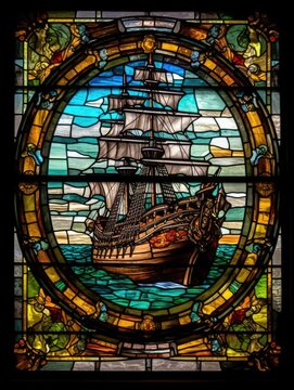 ship sea stained glass window mosaic religious collage artwork retro vintage textured religion