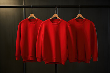 Red sweatshirts hanging in the store