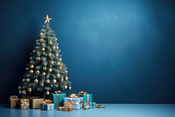 Christmas tree with decorations and golden gift boxes