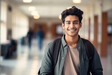 Portrait of a young smiling Indian student in a university setting