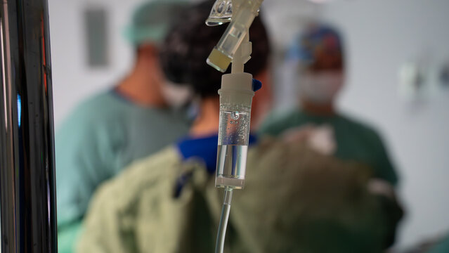 IV drips in the operating room. Images of drops of serum given to the patient during surgery